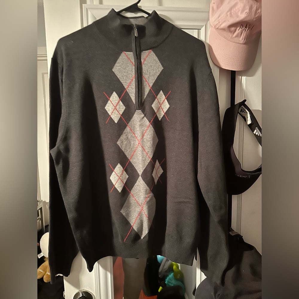 IZOD Argyle Grey 1/4 Quarter Zip Men Knit Polo Long Sleeve Sweater Top Men L